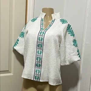 THML White and Blue Boxy Blouse with Mandarin Collar Worn once